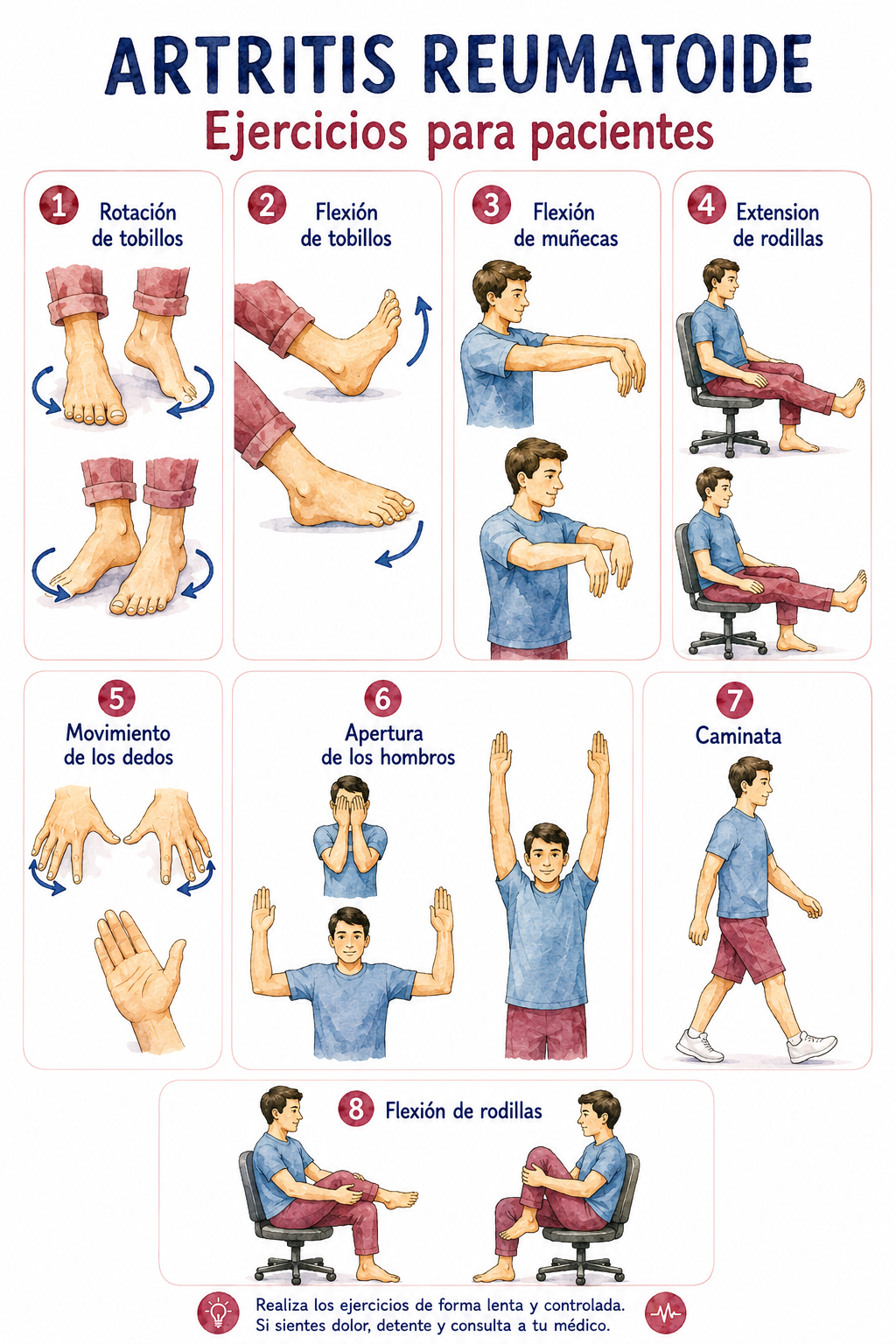Infografía de ejercicios para pacientes con artritis reumatoide, ejemplo de material desarrollado por TERVEZE